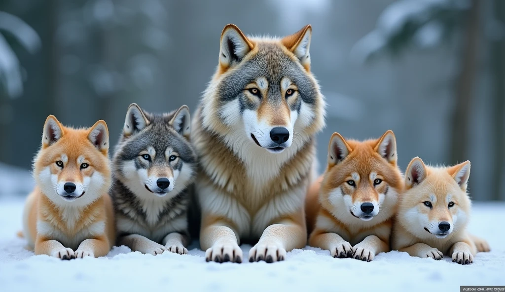 Create a hyper-realistic, photorealistic image of a beautiful wolf family. The family consists of a majestic father wolf, a graceful mother wolf, and five wolf pups of varying ages. They are all calmly looking at the viewer, exuding a sense of tranquility and strength. Each wolf has a unique color and fur pattern, showcasing a variety of hues and textures. The background features a softly blurred snowy forest, adding depth and atmosphere. The wolves' fur is strikingly beautiful, capturing their natural elegance and power