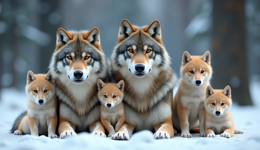 Create a hyper-realistic, photorealistic image of a beautiful wolf family. The family consists of a majestic father wolf, a graceful mother wolf, and five wolf pups of varying ages. They are all calmly looking at the viewer, exuding a sense of tranquility and strength. Each wolf has a unique color and fur pattern, showcasing a variety of hues and textures. The background features a softly blurred snowy forest, adding depth and atmosphere. The wolves' fur is strikingly beautiful, capturing their natural elegance and power
