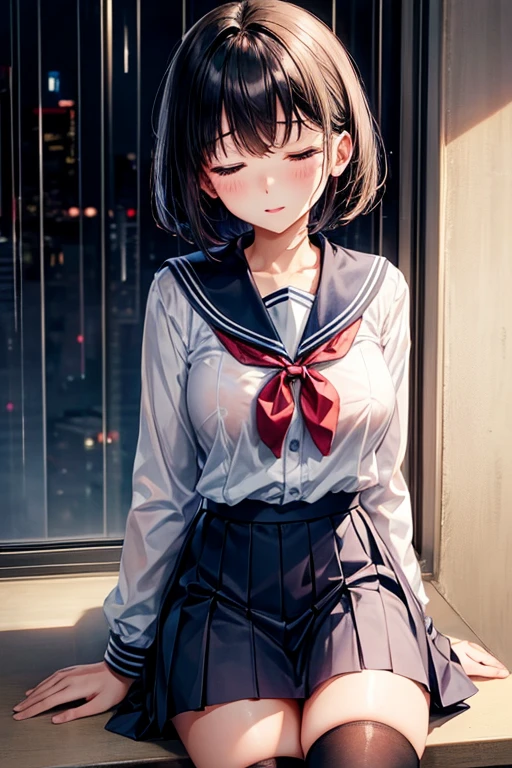 absurdres, RAW photo, extremely delicate and beautiful, masterpiece, Best Quality, ultra high resolution, 32k, hyperrealistic, ultra-detailed, perfect figure, in her 20s, very small head, very small face, delicate facial features, tearful mole, earring, very huge breasts, full body shot, medium hair, black hair, school_uniform, short skirt,