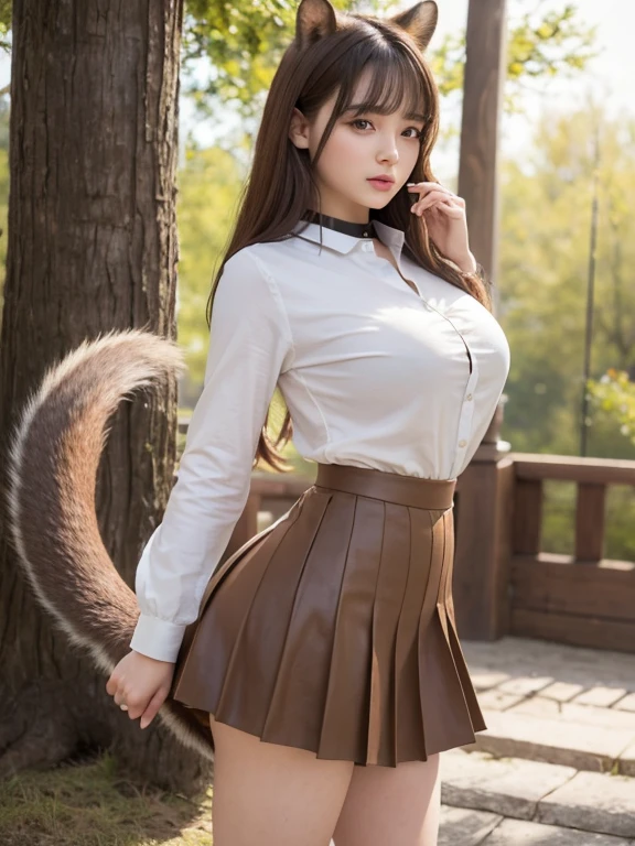 ((Highest quality, 8k)), ((masterpiece)), (Highest Resolution), Perfect Face, Squirrel eared woman, Female college student, Beautiful woman, public, One tail, she has thick thighs, Big squirrel tail, She has a brown squirrel tail., She wags her tail, Troubled face, Fur collar, she is wearing a short skirt, Beautiful Hips , Big Breasts, The skirt is rolled up with a big tail