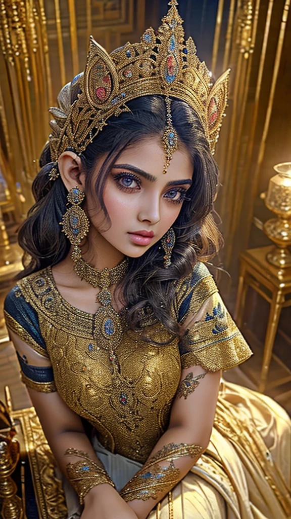 Selfie from above pov, Extremely detailed, women, elven, Pakistani women, beautiful body, wearing traditional (navy blue and golden), beautiful enormous size breast, beautiful face, extremely detailed cat eyes, red eyes, sexy look, light pink lips, making pout face, background lighting , 