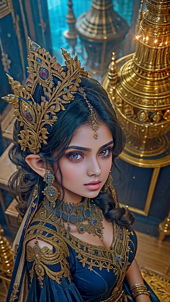 Selfie from above pov, Extremely detailed, women, elven, Pakistani women, beautiful body, wearing traditional (navy blue and golden), beautiful enormous size breast, beautiful face, extremely detailed cat eyes, red eyes, sexy look, light pink lips, making pout face, background lighting ,