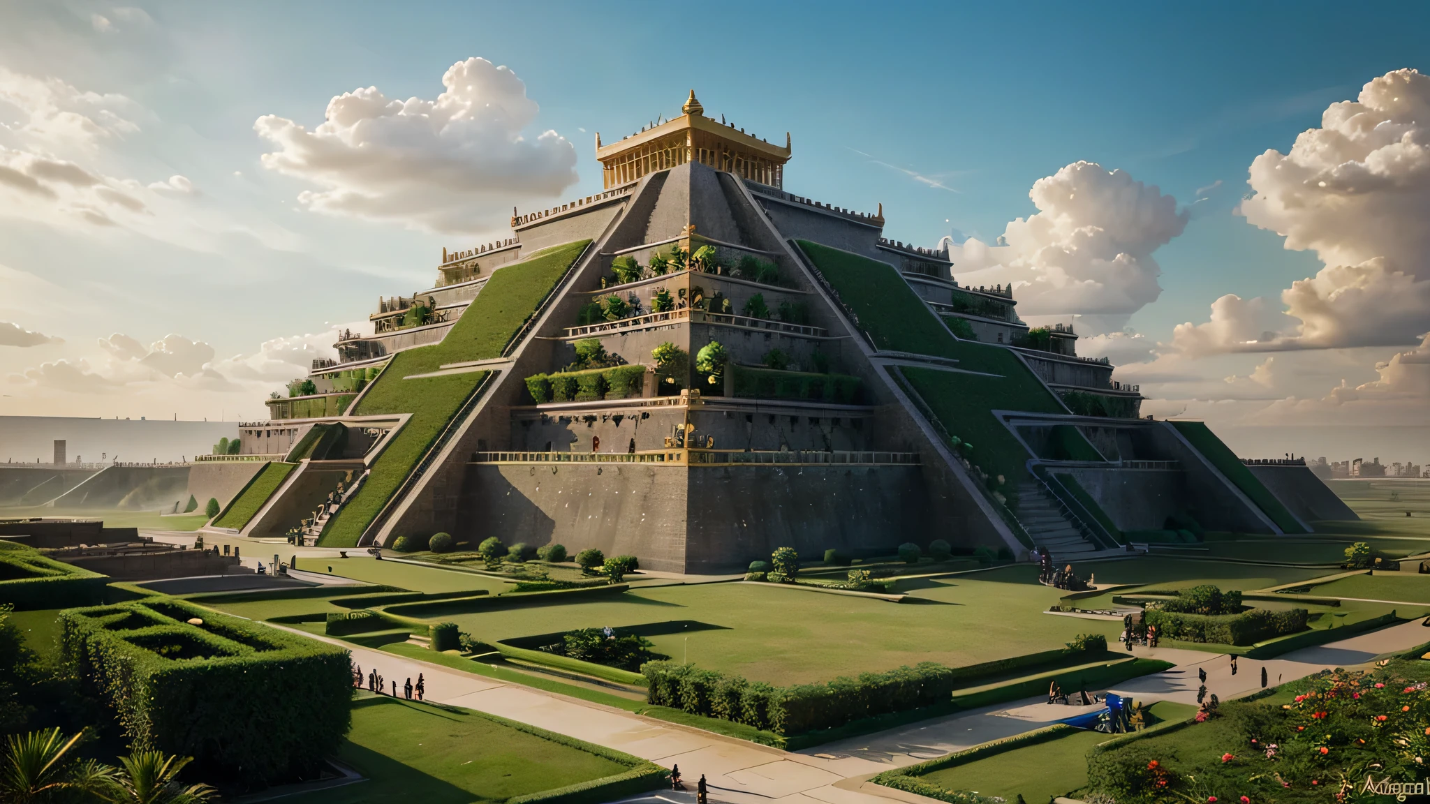 Depict Babylon at its peak, with grand ziggurats and the legendary Hanging Gardens standing tall.
