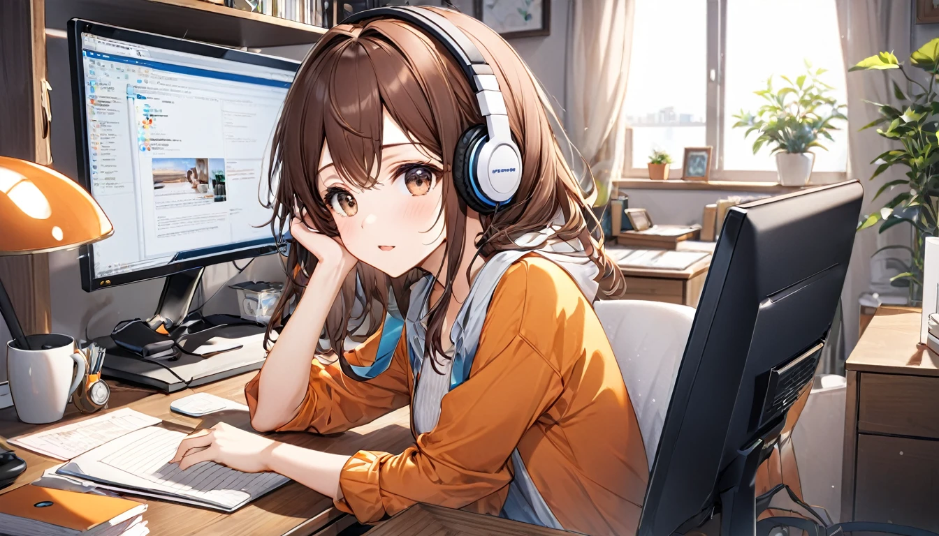 A 20-year-old girl with brown hair and headphones、Scene of working at a desk at home。
background：Simple and well-organized home office。
expression：真剣で集中したexpression。
Costume：Simple and comfortable clothing。
Pause：is sitting at a desk working on a computer。
scene：A quiet environment for focused work、Efficient time。
(Detailed fingers), (Emotional), (Breathtakingly beautiful), (whole body), (Anime Style), (Very detailed), (超High resolution, High resolution), (8k), (Complex and beautiful: 1.2)。
