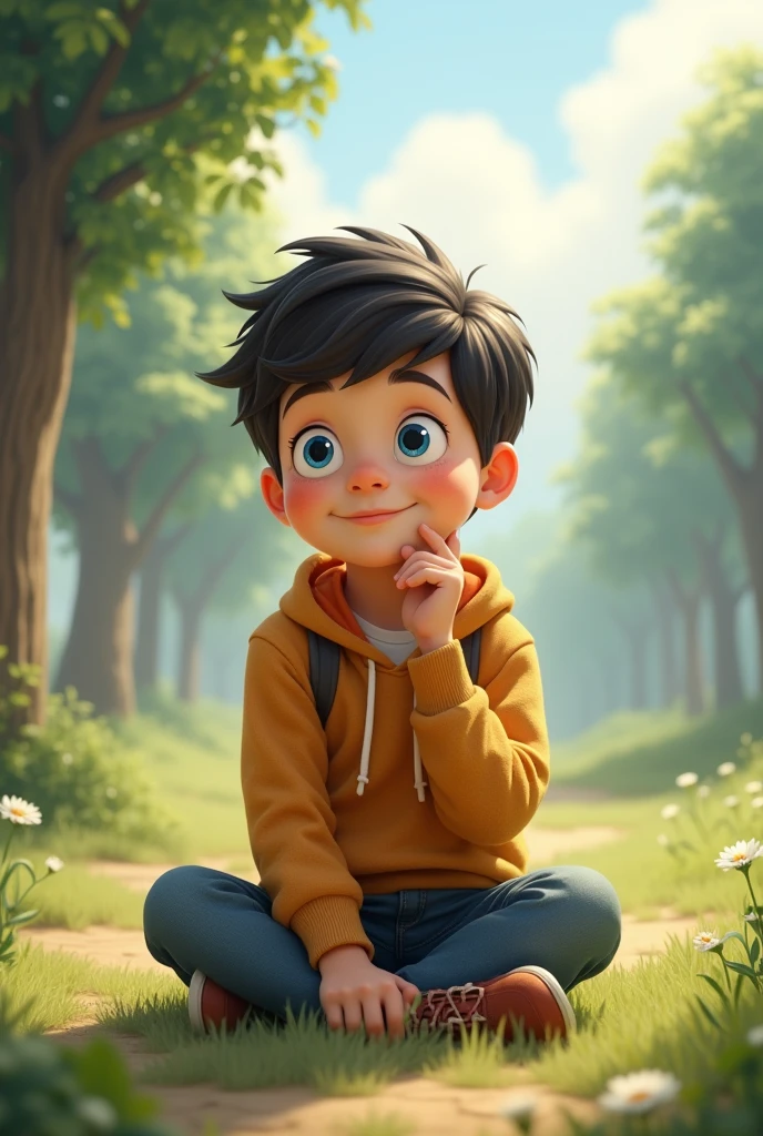 young boy in his 11s was sitting cheerfully. He had short black hair with cute features. His blue eyes were scanning every