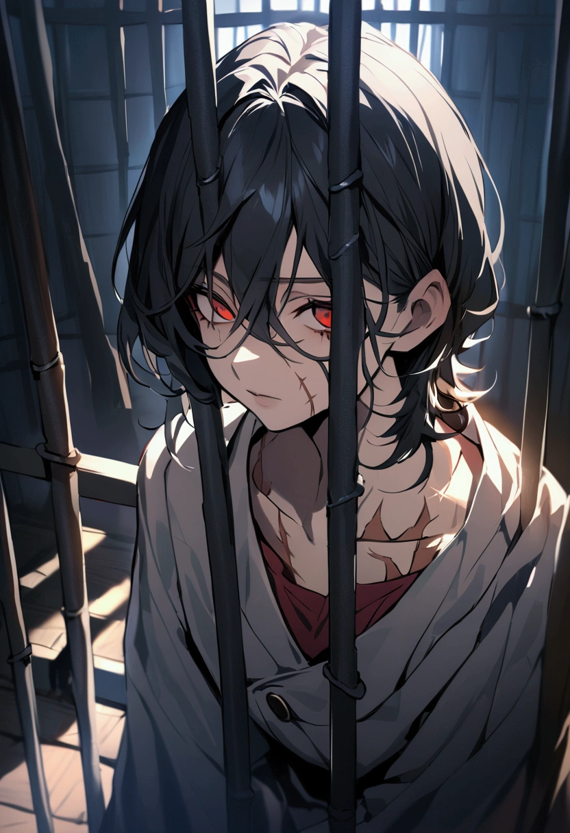 make a character who is imprisoned and has black hair, red eyes and scars on the face