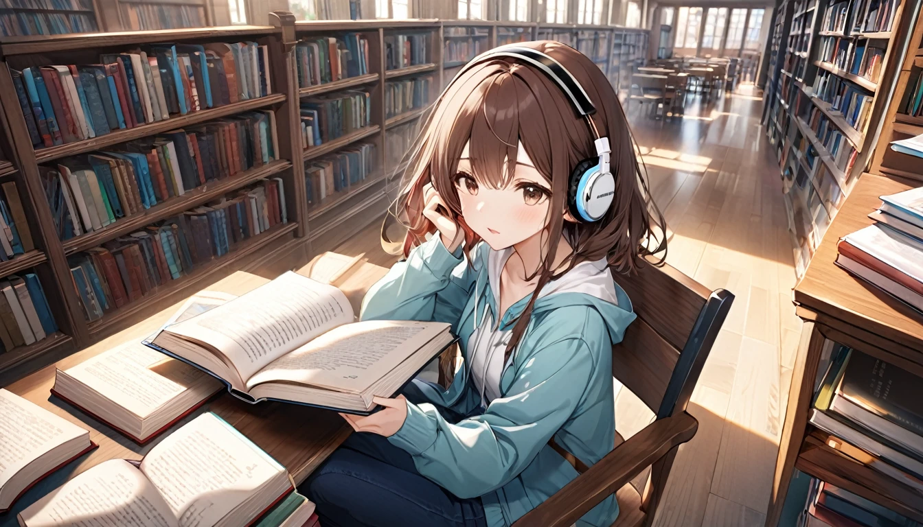 A 20-year-old girl with brown hair and headphones、Reading a book in the library。
background:A quiet corner of the library。
expression:穏やかで知的なexpression。
Costume:Casual and relaxed clothing。
Pause:Sitting on a chair、Turning the pages。
scene:Concentrate on your book in a quiet environment、A relaxing and informative time。
(Detailed fingers), (Emotional), (Breathtakingly beautiful), (whole body), (Anime Style), (Very detailed), (超High resolution, High resolution), (8k), (Complex and beautiful: 1.2)。