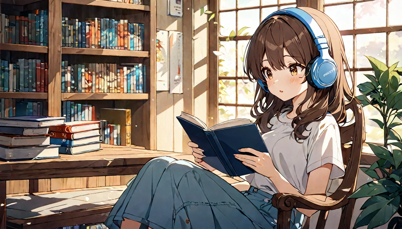 A 20-year-old girl with brown hair and headphones、Reading a book in the library。
background：A quiet corner of the library。
expression：穏やかで知的なexpression。
Costume：Casual and relaxed clothing。
Pause：Sitting on a chair、Turning the pages。
scene：Concentrate on your book in a quiet environment、A relaxing and informative time。
(Detailed fingers), (Emotional), (Breathtakingly beautiful), (whole body), (Anime Style), (Very detailed), (超High resolution, High resolution), (8k), (Complex and beautiful: 1.2)。
