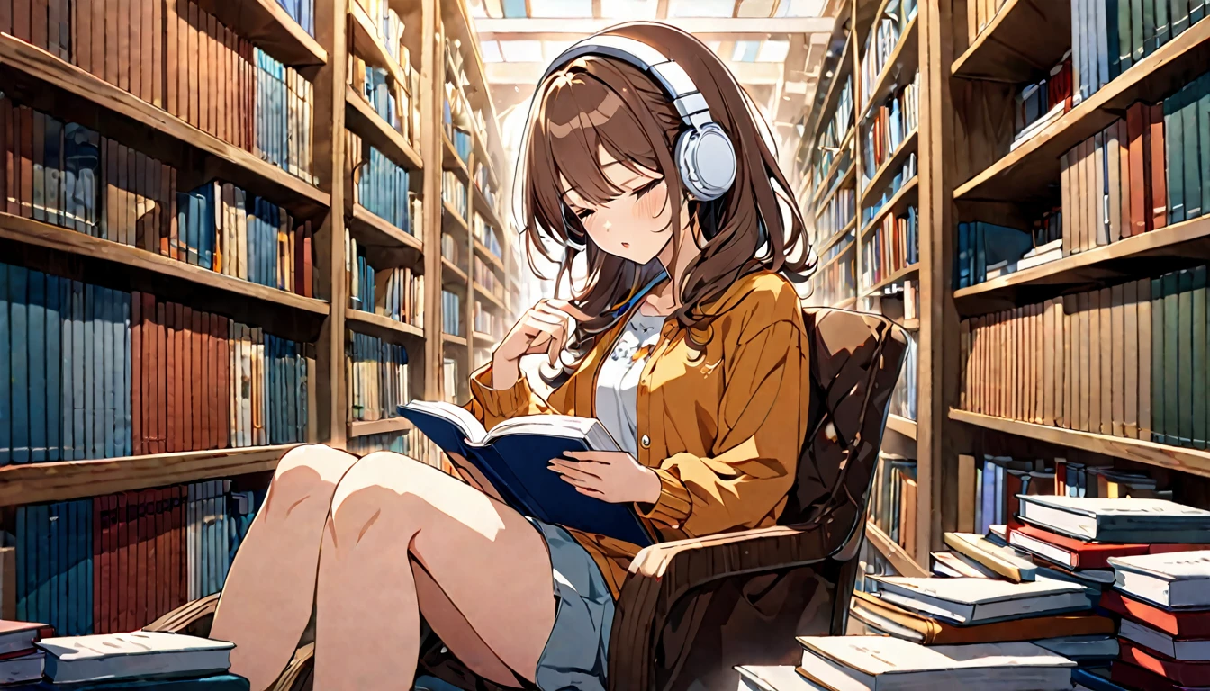 A 20-year-old girl with brown hair and headphones、Reading a book in the library。
background：A quiet corner of the library。
expression：穏やかで知的なexpression。
Costume：Casual and relaxed clothing。
Pause：Sitting on a chair、Turning the pages。
scene：Concentrate on your book in a quiet environment、A relaxing and informative time。
(Detailed fingers), (Emotional), (Breathtakingly beautiful), (whole body), (Anime Style), (Very detailed), (超High resolution, High resolution), (8k), (Complex and beautiful: 1.2)。
