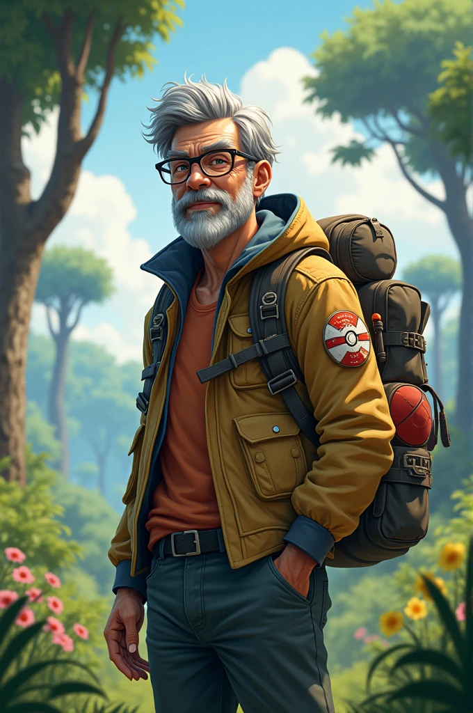 A pokemon trainer with beard and glasses