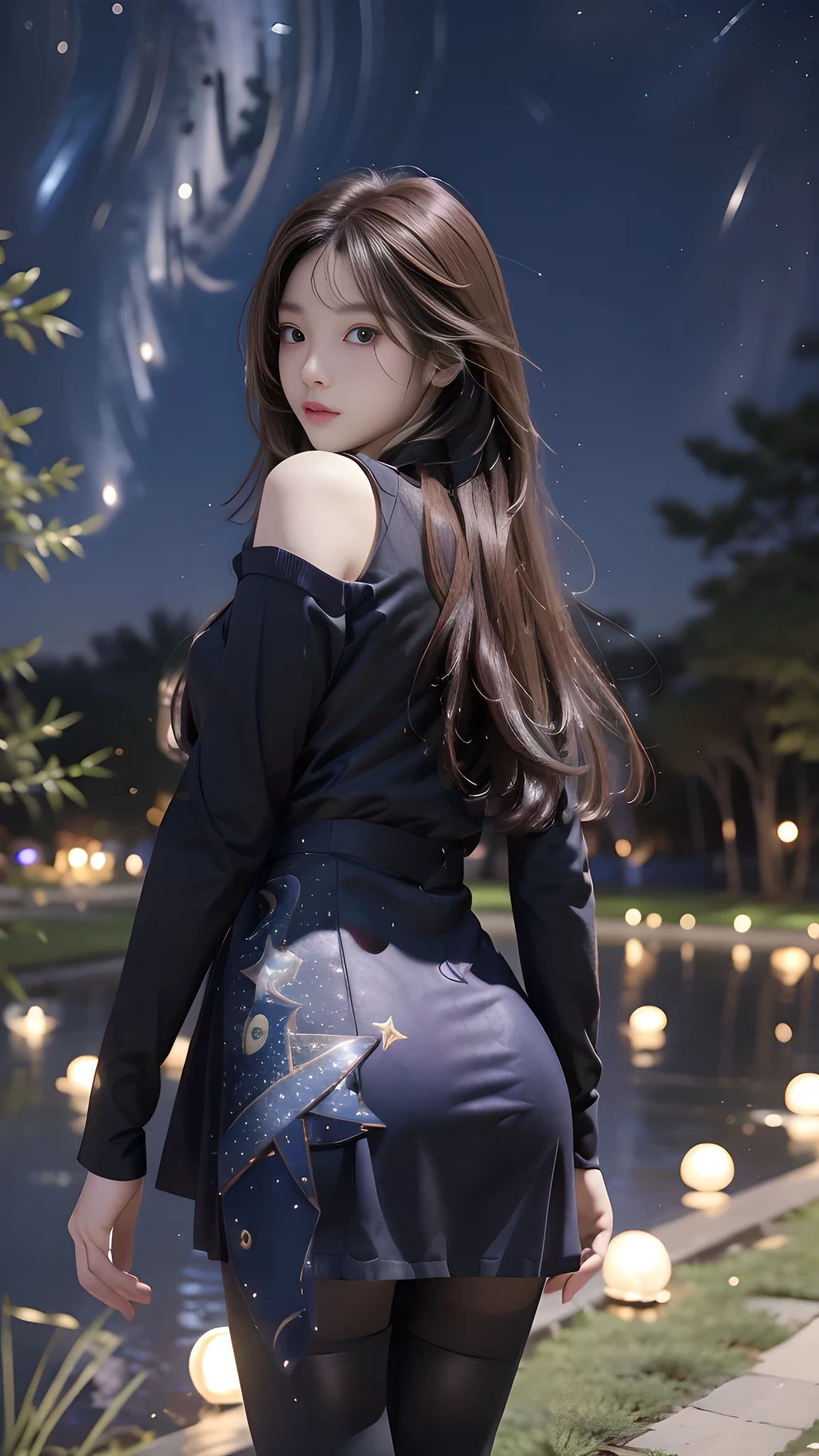 ulzzang-6500-v1.1, (RAW photo: 1.2), (Real photo), (Real photo: 1.4), 1 girl、Perfect anatomy、19 years old、Looking at the camera、((from behind)), Medium length hair、uniform dress, in a surreal royal garden, under the starry night, ((starry night: 1.1))、(Surreal tights: 1.2), (Business service)、Asian eyes Ella,