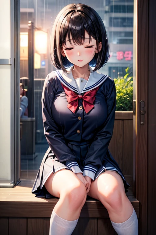 Genuine、Highest quality、cute、girl、high school 、uniform、Bob、Brown Hair、Beautiful Eyes、Beautiful Lips、Navy blue pleated mini skirt、White Sailor Suit、Black knee-high socks、Large Breasts、loafers、I'm wet in the rain、night、Shinjuku、Black blazer、Sitting、Put your hands inside your skirt、Back view、I'm talking to a friend、Eyes closed