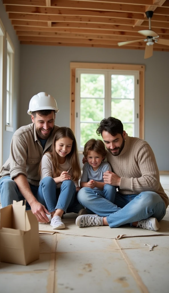 Image of a family gathered in a house under construction