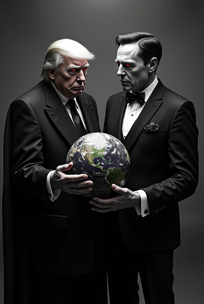 I want Donald trump as an old vampire, red eyes, in a suit and black and white color, in his hands The planet earth, by his side Elon musk even more scarier holding a dogecoin in his hands. I want They looking as dark skinny vampires.
