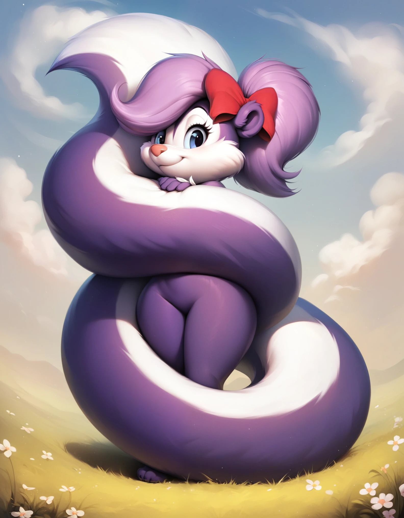 score_9, score_8_up, score_7_up, score_6_up, source_furry, score_safe, fifi, skunk, duo, female, sfw, furry, back, ((Wide hips)), ((tail coiling another female fox)), purple body, hair bow, tail, cute, short, beautiful eyes, cartoony, flat color, simple shading, full-length portrait, studio ghibli background, blurred backgroun,