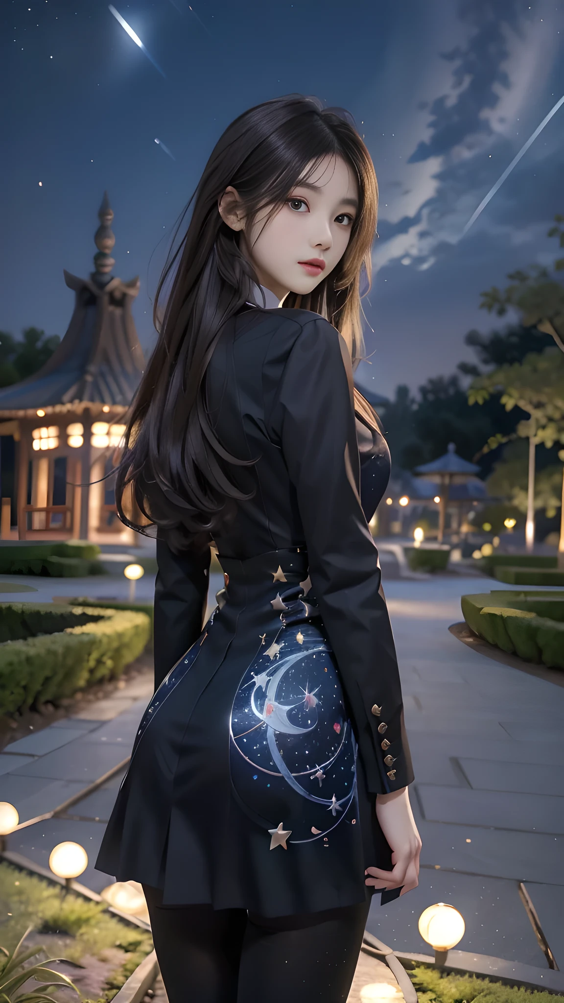 ulzzang-6500-v1.1, (RAW photo: 1.2), (Real photo), (Real photo: 1.4), 1 girl、Perfect anatomy、19 years old、Looking at the camera、((from behind)), Medium length hair、uniform dress, in a surreal royal garden, under the starry night, ((starry night: 1.1))、(Surreal tights: 1.2), (Business service)、Asian eyes Ella,