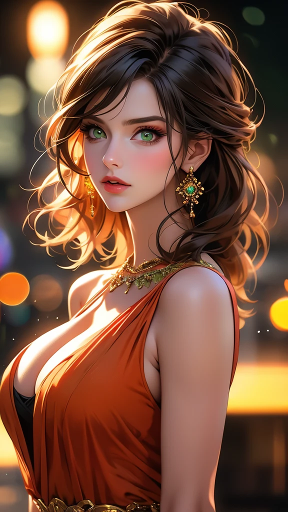 a beautiful woman with detailed green eyes, large breasts, sensual expressions, realistic, photorealistic, photo-realistic:1.37, (best quality,4k,8k,highres,masterpiece:1.2),ultra-detailed, HDR,UHD,studio lighting,ultra-fine painting,sharp focus,physically-based rendering,extreme detail description,professional,vivid colors,bokeh,warm colors,soft lighting