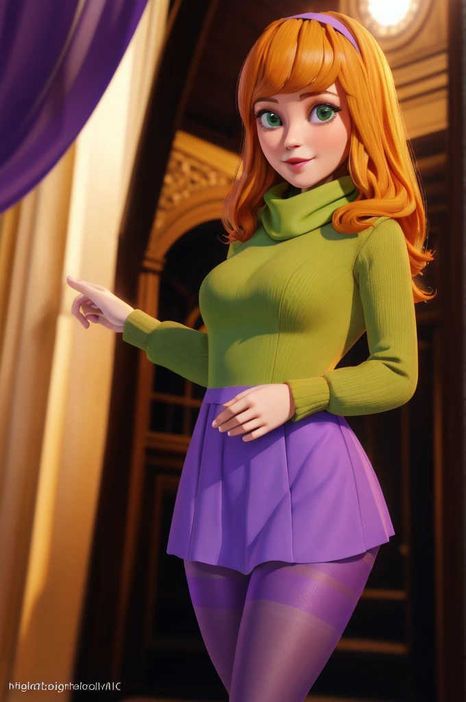 professional photo of xyzdaphne, 1girl, (green) scarf, orange hair, purple dress, pantyhose,hairband, long sleeves, slim legs,
detailed skin, detailed eyes, looking at viewer,
volumetric light, highrez, masterpiece, best quality,