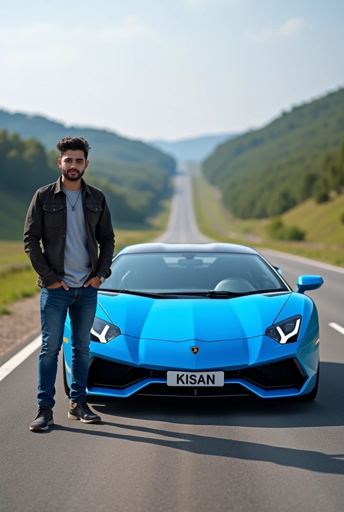 A 24 years boy park him lambohini blue colour car in highways and he ready to take a photo with car. And tha car number plate have a name the name is "KISAN"