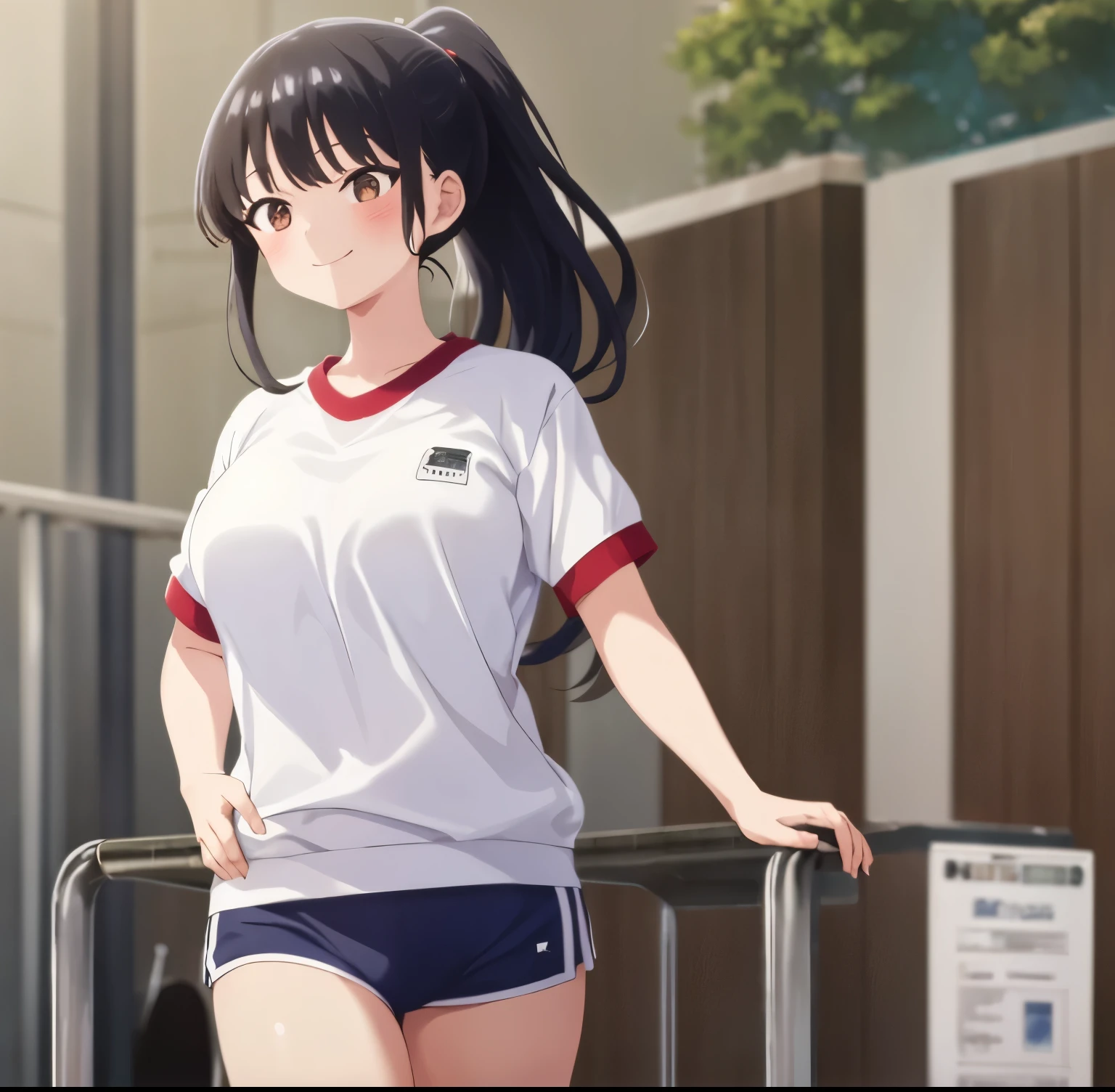 1girl, alone, Anna Yamada,masterpiece, best quality,   black hair, long hair, bangs, ponytail,large breasts,gym uniform, white shirt,  gym shirt, blue shorts, brown eyes,  smile, school ground , outdoor, perfect hands, perfect anatomy,