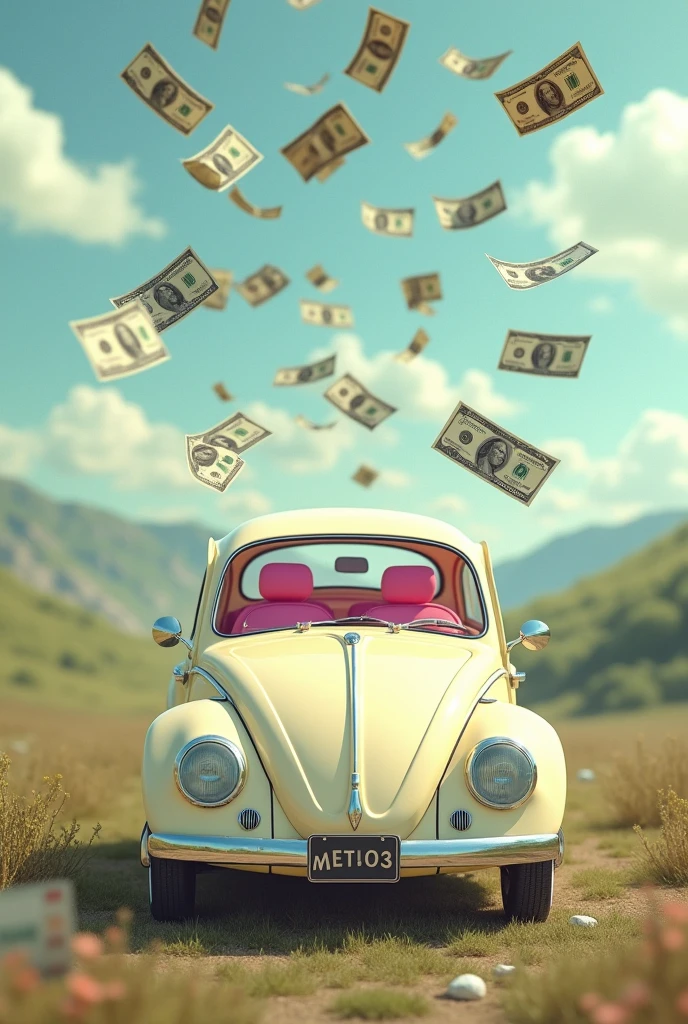 Create bills falling from the sky and a landscape with a cream-colored bettle car and pink seats