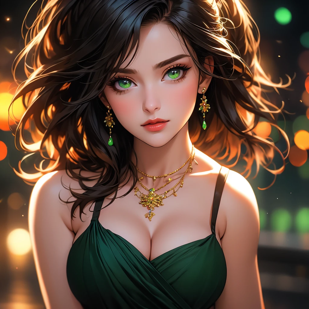 a beautiful woman with detailed green eyes, large breasts, sensual expressions, realistic, photorealistic, photo-realistic:1.37, (best quality,4k,8k,highres,masterpiece:1.2),ultra-detailed, HDR,UHD,studio lighting,ultra-fine painting,sharp focus,physically-based rendering,extreme detail description,professional,vivid colors,bokeh,warm colors,soft lighting