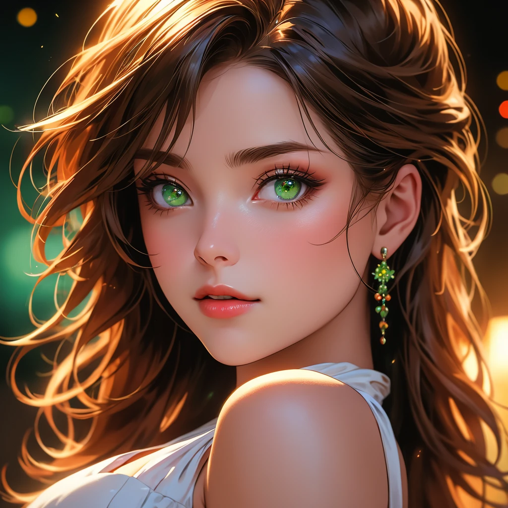 a beautiful woman with detailed green eyes, large breasts, sensual expressions, realistic, photorealistic, photo-realistic:1.37, (best quality,4k,8k,highres,masterpiece:1.2),ultra-detailed, HDR,UHD,studio lighting,ultra-fine painting,sharp focus,physically-based rendering,extreme detail description,professional,vivid colors,bokeh,warm colors,soft lighting