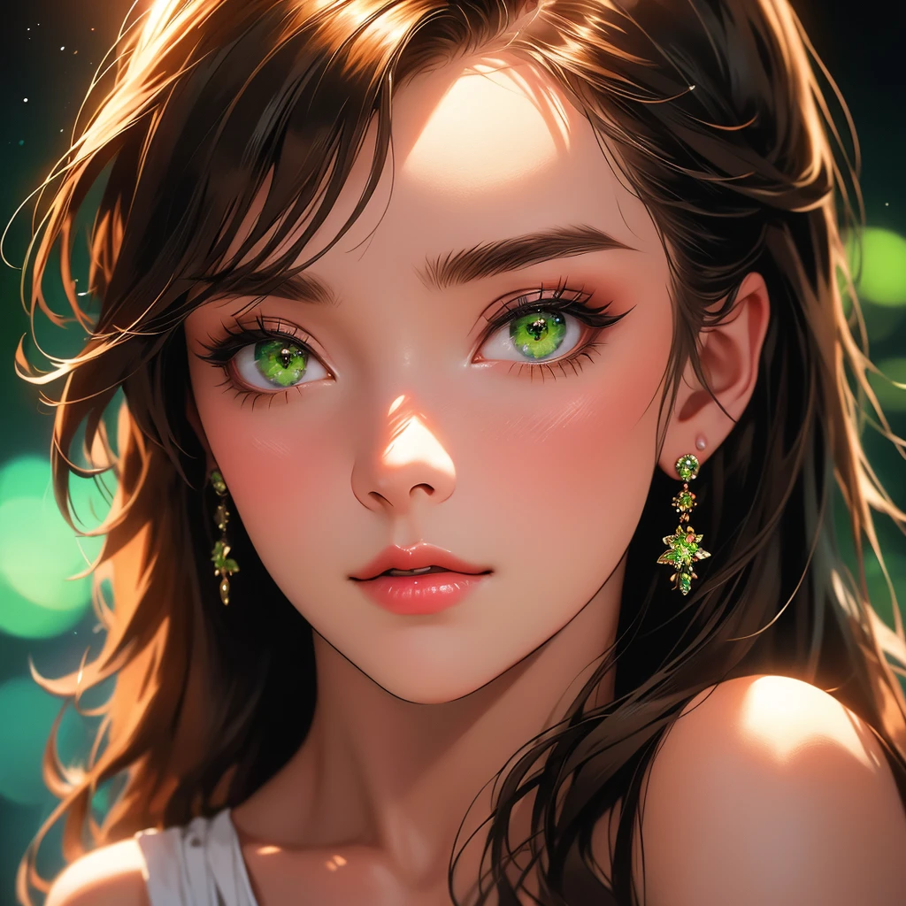 a beautiful woman with detailed green eyes, large breasts, sensual expressions, realistic, photorealistic, photo-realistic:1.37, (best quality,4k,8k,highres,masterpiece:1.2),ultra-detailed, HDR,UHD,studio lighting,ultra-fine painting,sharp focus,physically-based rendering,extreme detail description,professional,vivid colors,bokeh,warm colors,soft lighting