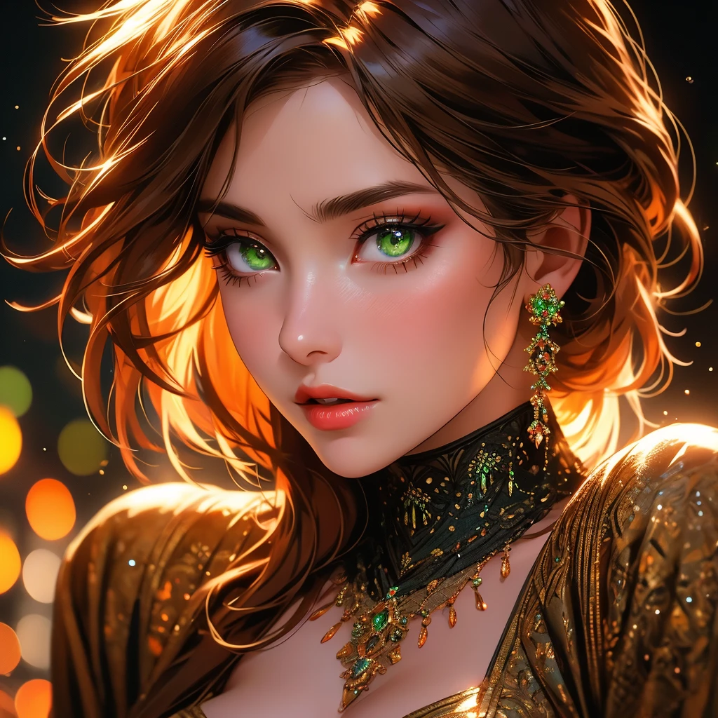 a beautiful woman with detailed green eyes, large breasts, sensual expressions, realistic, photorealistic, photo-realistic:1.37, (best quality,4k,8k,highres,masterpiece:1.2),ultra-detailed, HDR,UHD,studio lighting,ultra-fine painting,sharp focus,physically-based rendering,extreme detail description,professional,vivid colors,bokeh,warm colors,soft lighting