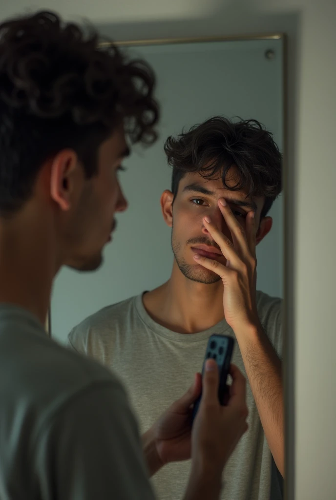Photo of a 22-year-old man in front of the mirror covering his face from his cell phone wearing a short-sleeved shirt and a neutral room behind him