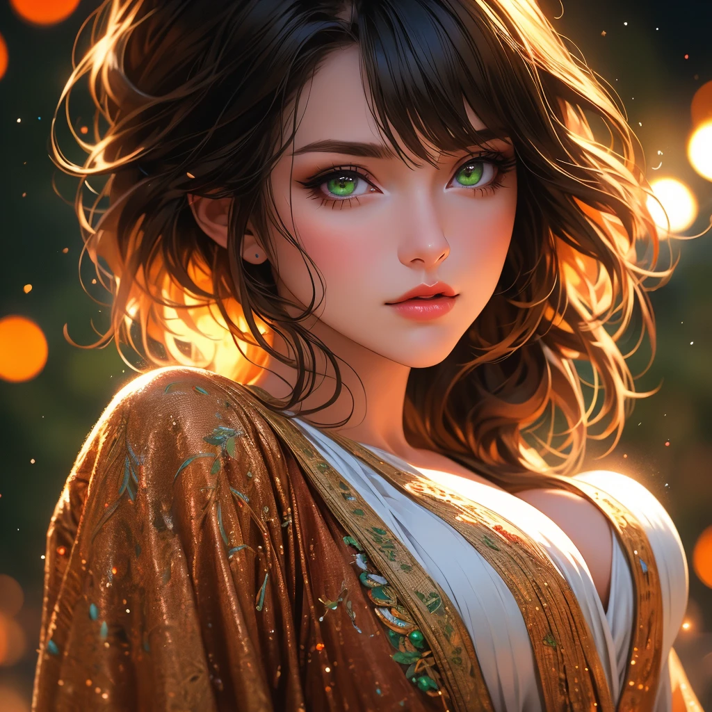 a beautiful woman with detailed green eyes, large breasts, sensual expressions, realistic, photorealistic, photo-realistic:1.37, (best quality,4k,8k,highres,masterpiece:1.2),ultra-detailed, HDR,UHD,studio lighting,ultra-fine painting,sharp focus,physically-based rendering,extreme detail description,professional,vivid colors,bokeh,warm colors,soft lighting