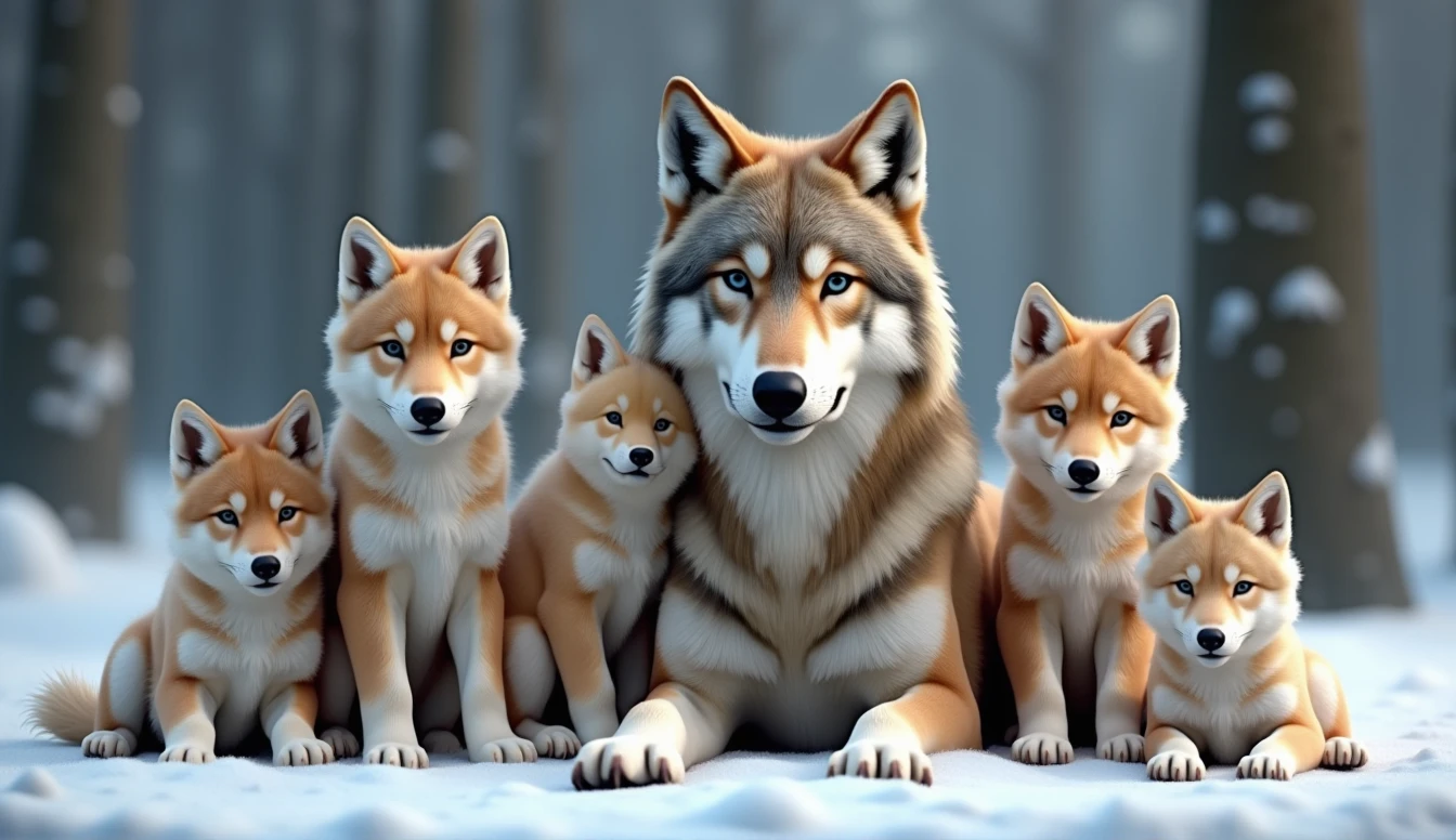 Create a hyper-realistic, photorealistic image of a beautiful wolf family. The family consists of a majestic father wolf, a graceful mother wolf, and five wolf pups of varying ages. They are all calmly looking at the viewer, exuding a sense of tranquility and strength. Each wolf has a unique color and fur pattern, showcasing a variety of hues and textures. The background features a softly blurred snowy forest, adding depth and atmosphere. The wolves' fur is strikingly beautiful, capturing their natural elegance and power