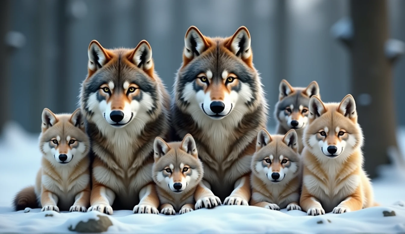 Create a hyper-realistic, photorealistic image of a beautiful wolf family. The family consists of a majestic father wolf, a graceful mother wolf, and five wolf pups of varying ages. They are all calmly looking at the viewer, exuding a sense of tranquility and strength. Each wolf has a unique color and fur pattern, showcasing a variety of hues and textures. The background features a softly blurred snowy forest, adding depth and atmosphere. The wolves' fur is strikingly beautiful, capturing their natural elegance and power