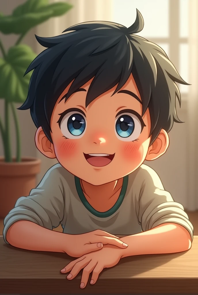 young boy in his 11s was sitting cheerfully. He had short black hair with cute features. His blue eyes were scanning every