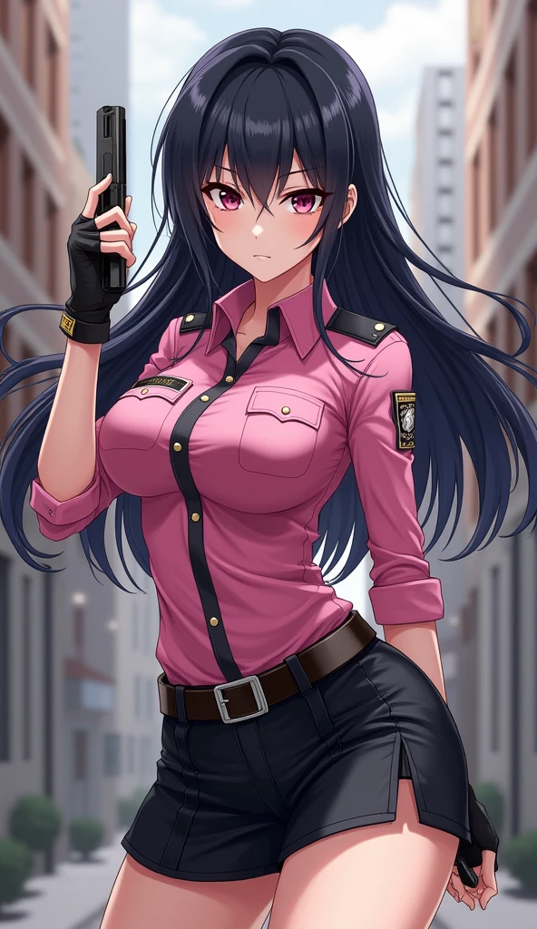 Dynamic composition,((masterpiece, Highest quality)),beautiful girl, 2D, Dynamic, detailed and ultra-detailed CG, Exquisite illustrations 1 (Extremely rich facial detail, white skin, Realistic body, Intricate details), {{Special Effects Heroine:1.6 ,Transformation bracelet on your wrist}} White skin Pink-themed uniform,Casual police style. posture for martial arts,Fighting Pose, Black Leather Mini Skirt Japanese Black long hair Blunt bangs Grit your teeth Glare anger Back alleys of slums black fingerless gloves Anime illustration, Sharp Eyes ,holster