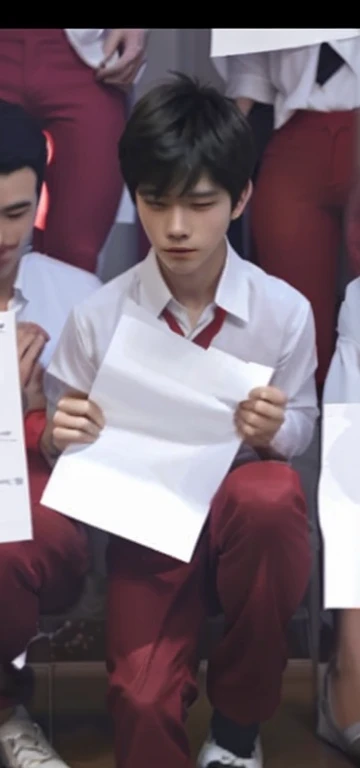 Boy manhwa character holding a piece of paper, red pants, white shirt