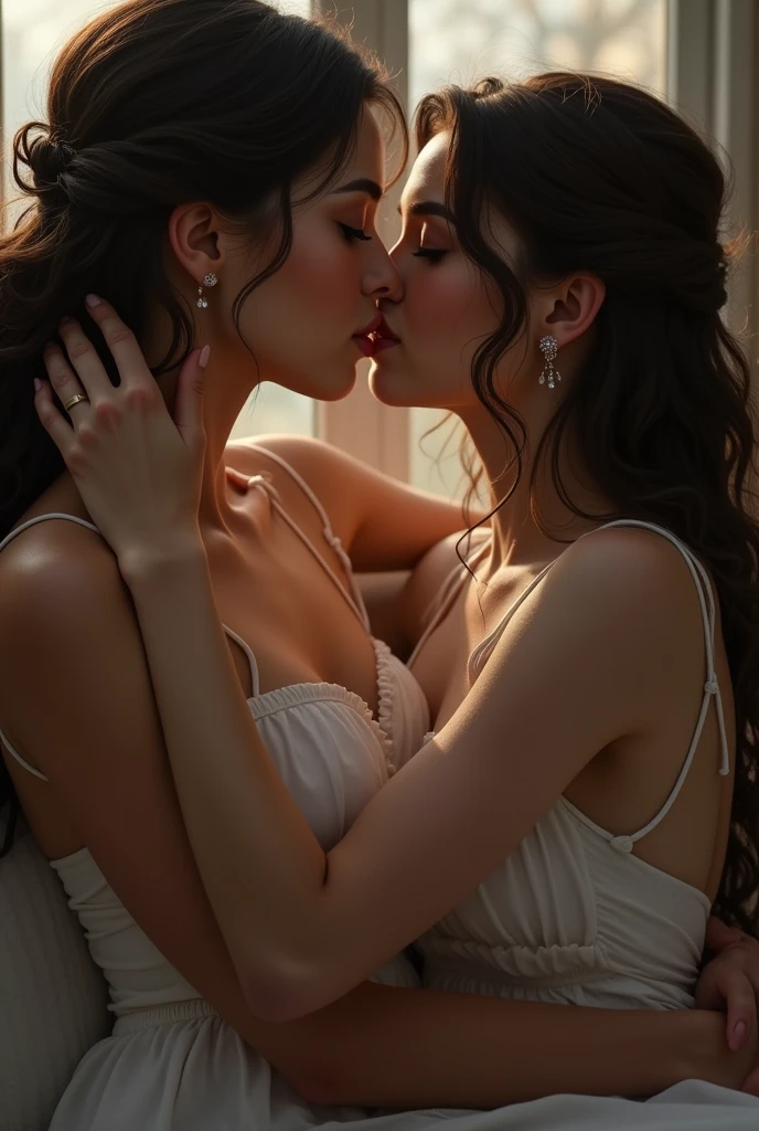 Two women kissing on the mouth lip to lip