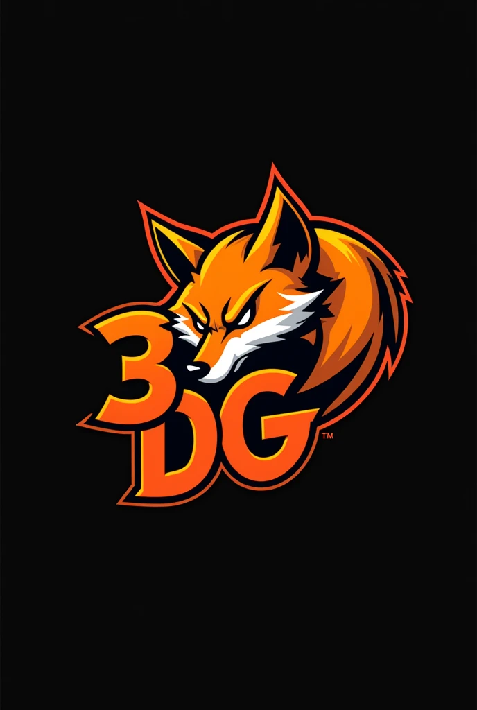 Design a horizontal sports flag with a 16:9 aspect ratio and a black background. Feature a fierce, aggressive fox mascot in vibrant orange, depicted in a side profile to emphasize its dynamic, sharp features. Include the text '3 DG' prominently in bold orange. Ensure the design is clean, impactful, and well-balancedd.
