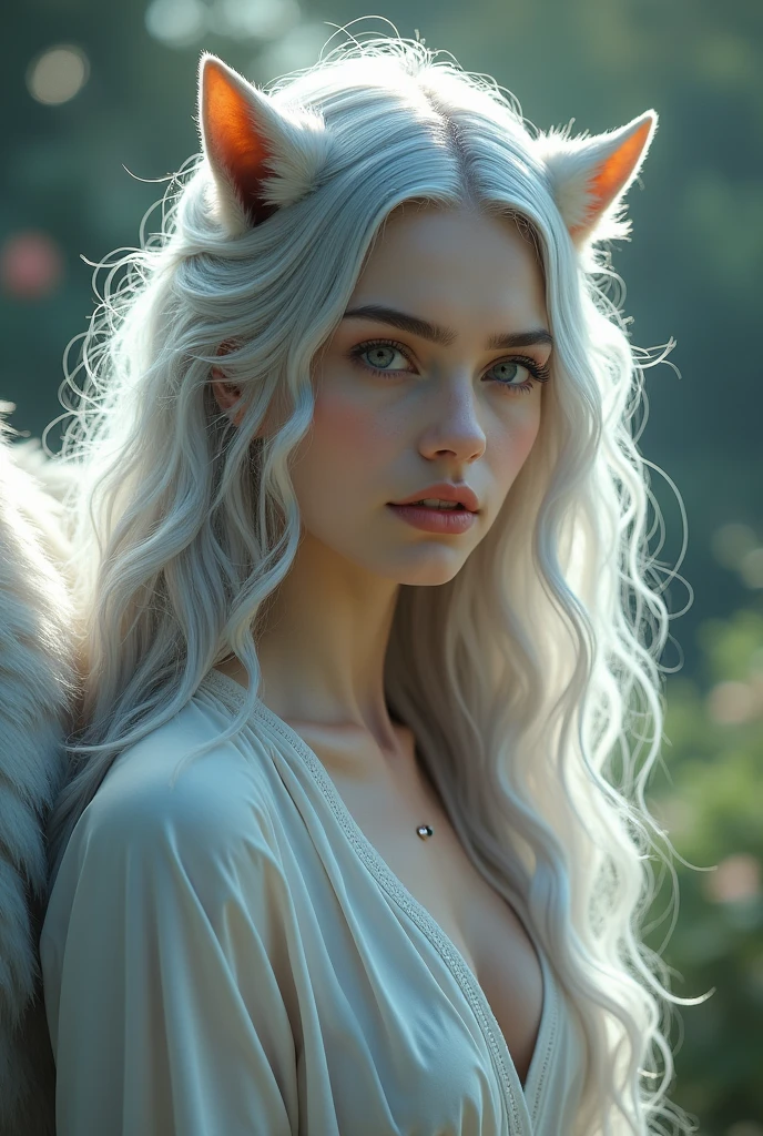 Snow leopard-human hybrid female with purple eyes