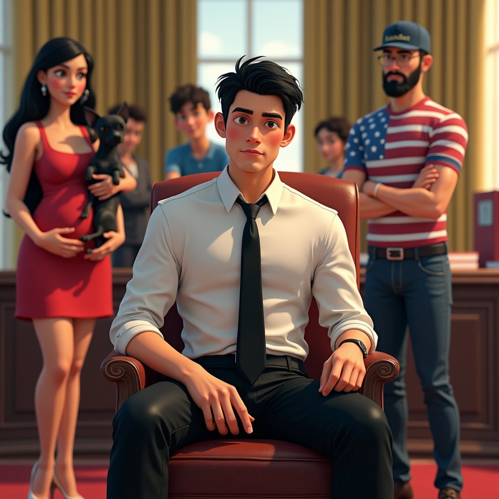 Masterpiece, Excellent, (Office: 1.5), CG drawing with super high detail, handsome, cold face, expressionless,, (a man with short black hair, white shirt, black tie, black pants, leather shoes, a little scum: 1.8),, Inside the president's office, luxurious, sitting on a chair, facing the audience, illustrations Animated white skin beautiful girl fashionable pregnant , a pair of short curly haired boys hugging a black haired chihuahua dog, along with a tall man with a black beard wearing reading glasses , Nike flat cap and sport shirt Nike shoes with USA flag background on the back --v 6 --s 1000 --c 20 --q 500 --chaos 100