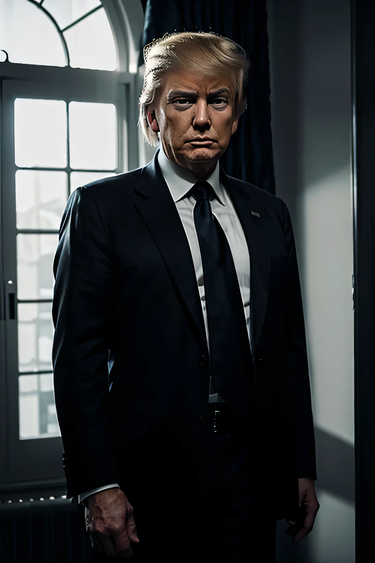 donald trump wearing a suit , photorealistic, high contrast, backlighting