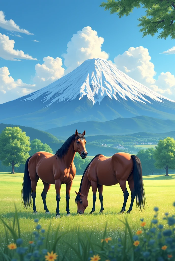 Mount Fuji at the back of the ranch、There are two horses on the farm、It's summer、Photo、Spectacular views