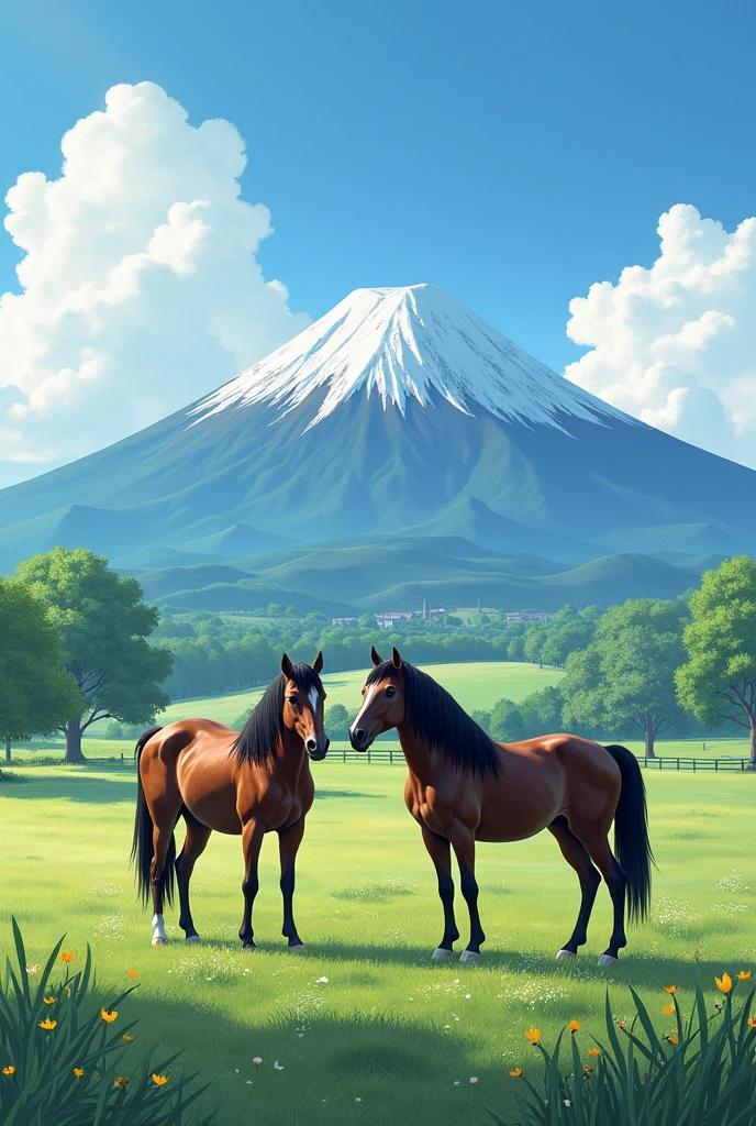 Mount Fuji at the back of the ranch、There are two horses on the farm、It's summer、Photo、Spectacular views