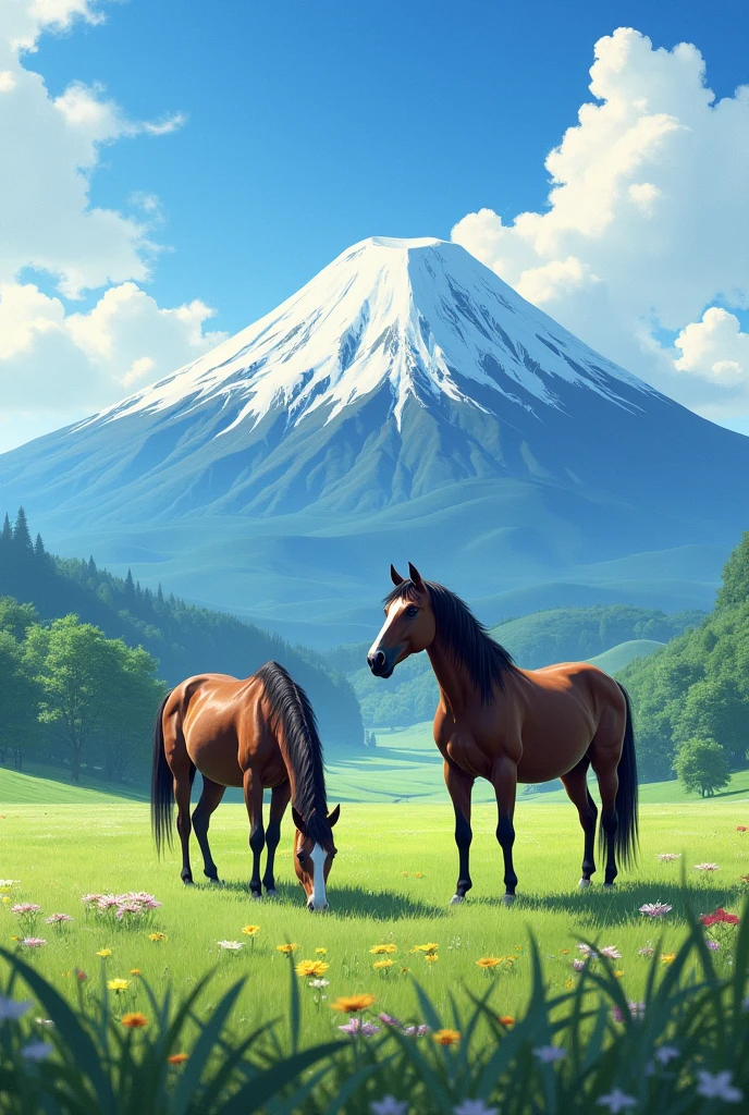 Mount Fuji at the back of the ranch、There are two horses on the farm、It's summer、Photo、Spectacular views