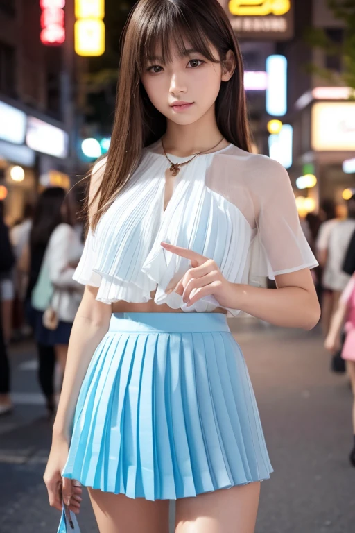 Product quality,1 girl,Cowboy Shot,Front view,Focus on the groin,Young and sexy Japanese girl,20-year-old,Harajuku,(Crowded street:1.4),Snazzy(Blue:1.5),shirt,wear,(Snazzyバッグ:1.3),Fashionable necklaces,Snazzyイヤリング,((White super short micro pleated mini skirt:1.5)),wear,Very cute face,Glossy Lips,Double eyelids on both eyes,(Natural Makeup),shiny smooth light brown long hair,,,Asymmetrical bangs,Center image,8k resolution,Attention to detail,Detailed hairstyle,Detailed face,Cinema Lighting,Octane Rendering,Ultra-realistic,Perfect limbs,(Detailed fingers:1.5),Beautiful legs,Voluptuous thighs,Huge breasts,Perfect ???????,(Model pose:1.3)