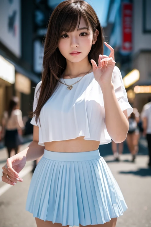 Product quality,1 girl,Cowboy Shot,Front view,Focus on the groin,Young and sexy Japanese girl,20-year-old,Harajuku,(Crowded street:1.4),Snazzy(Blue:1.5),shirt,wear,(Snazzyバッグ:1.3),Fashionable necklaces,Snazzyイヤリング,((White super short micro pleated mini skirt:1.5)),wear,Very cute face,Glossy Lips,Double eyelids on both eyes,(Natural Makeup),shiny smooth light brown long hair,,,Asymmetrical bangs,Center image,8k resolution,Attention to detail,Detailed hairstyle,Detailed face,Cinema Lighting,Octane Rendering,Ultra-realistic,Perfect limbs,(Detailed fingers:1.5),Beautiful legs,Voluptuous thighs,Huge breasts,Perfect Anatomy,(Model pose:1.3)