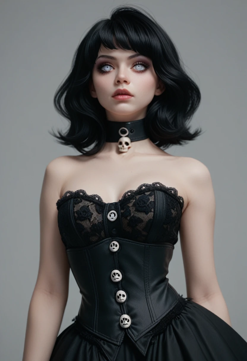 gothic girl, white eyes, long black hair, black lace dress, sin collar, corset with small skull buttons, Wicca sexy. Gray background.