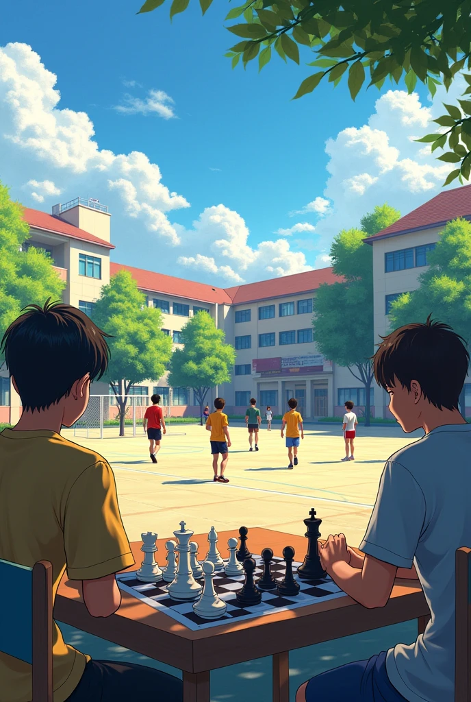 futsal court and chess involving teenagers at school 
