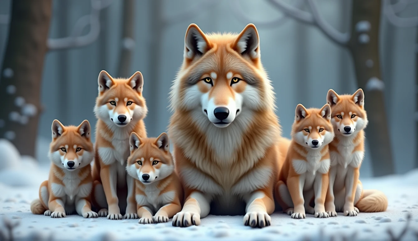 Create a hyper-realistic, photorealistic image of a beautiful wolf family. The family consists of a majestic father wolf, a graceful mother wolf, and five wolf pups of varying ages. They are all calmly looking at the viewer, exuding a sense of tranquility and strength. Each wolf has a unique color and fur pattern, showcasing a variety of hues and textures. The background features a softly blurred snowy forest, adding depth and atmosphere. The wolves' fur is strikingly beautiful, capturing their natural elegance and power
