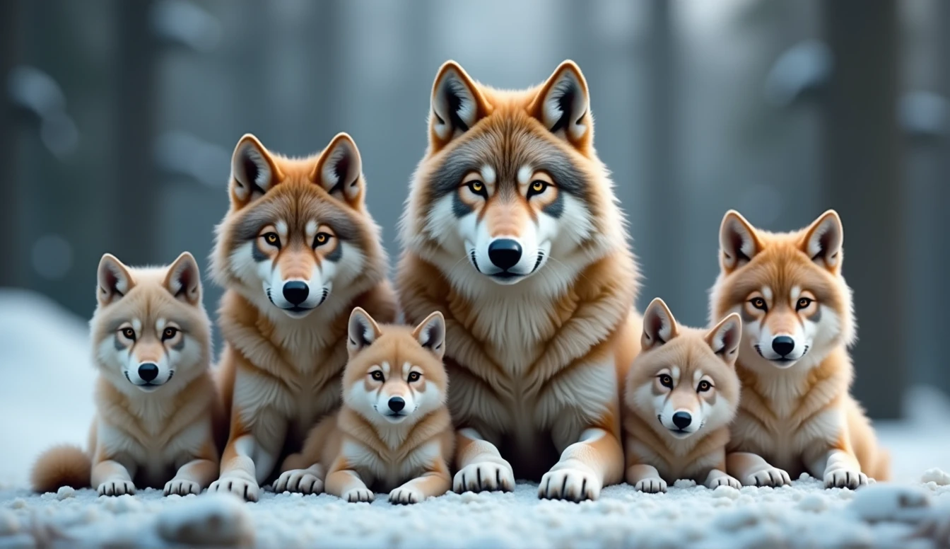 Create a hyper-realistic, photorealistic image of a beautiful wolf family. The family consists of a majestic father wolf, a graceful mother wolf, and five wolf pups of varying ages. They are all calmly looking at the viewer, exuding a sense of tranquility and strength. Each wolf has a unique color and fur pattern, showcasing a variety of hues and textures. The background features a softly blurred snowy forest, adding depth and atmosphere. The wolves' fur is strikingly beautiful, capturing their natural elegance and power